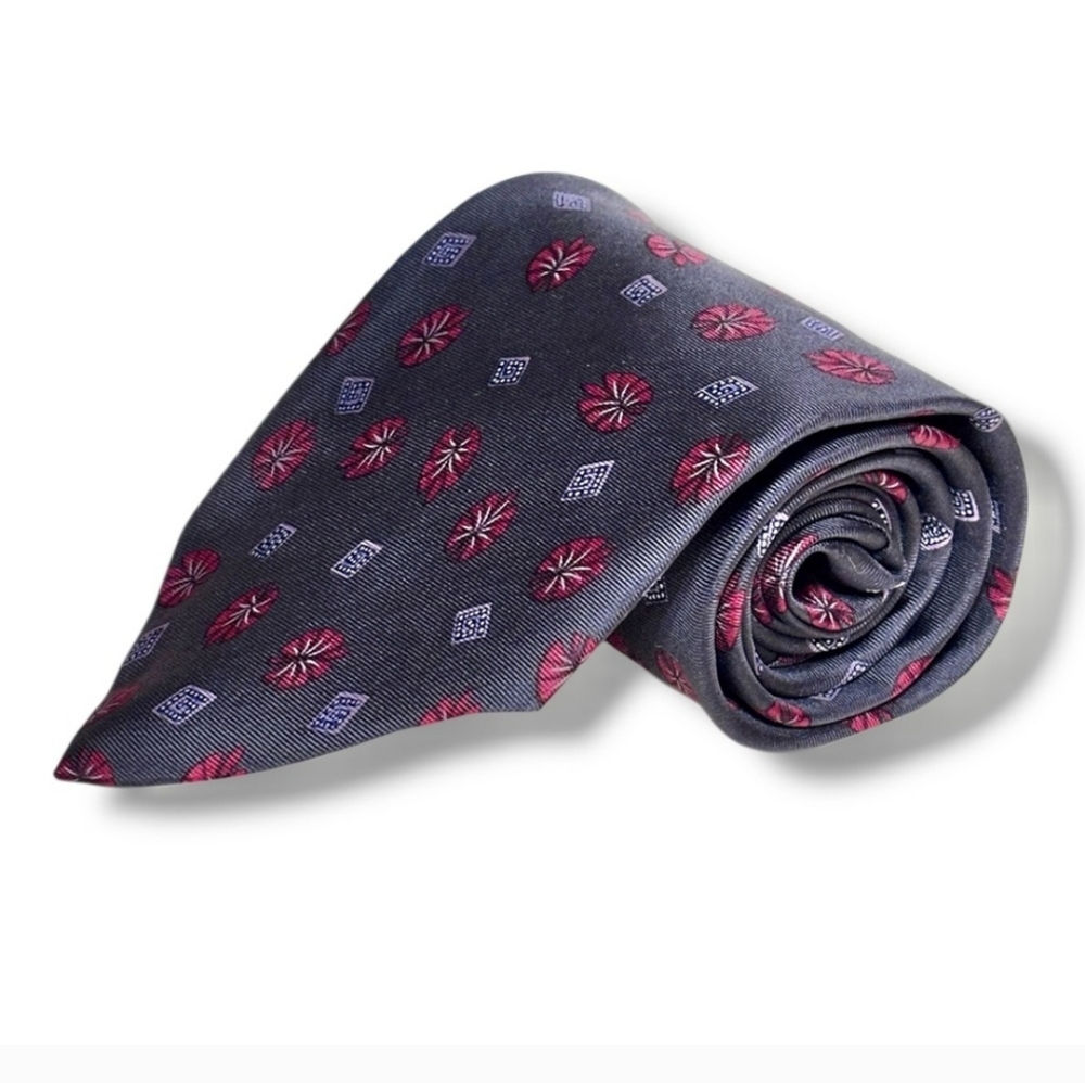 CHRISTIAN DIOR Grey Silk Tie Red Leaves Blue Diamond Scattered Pattern